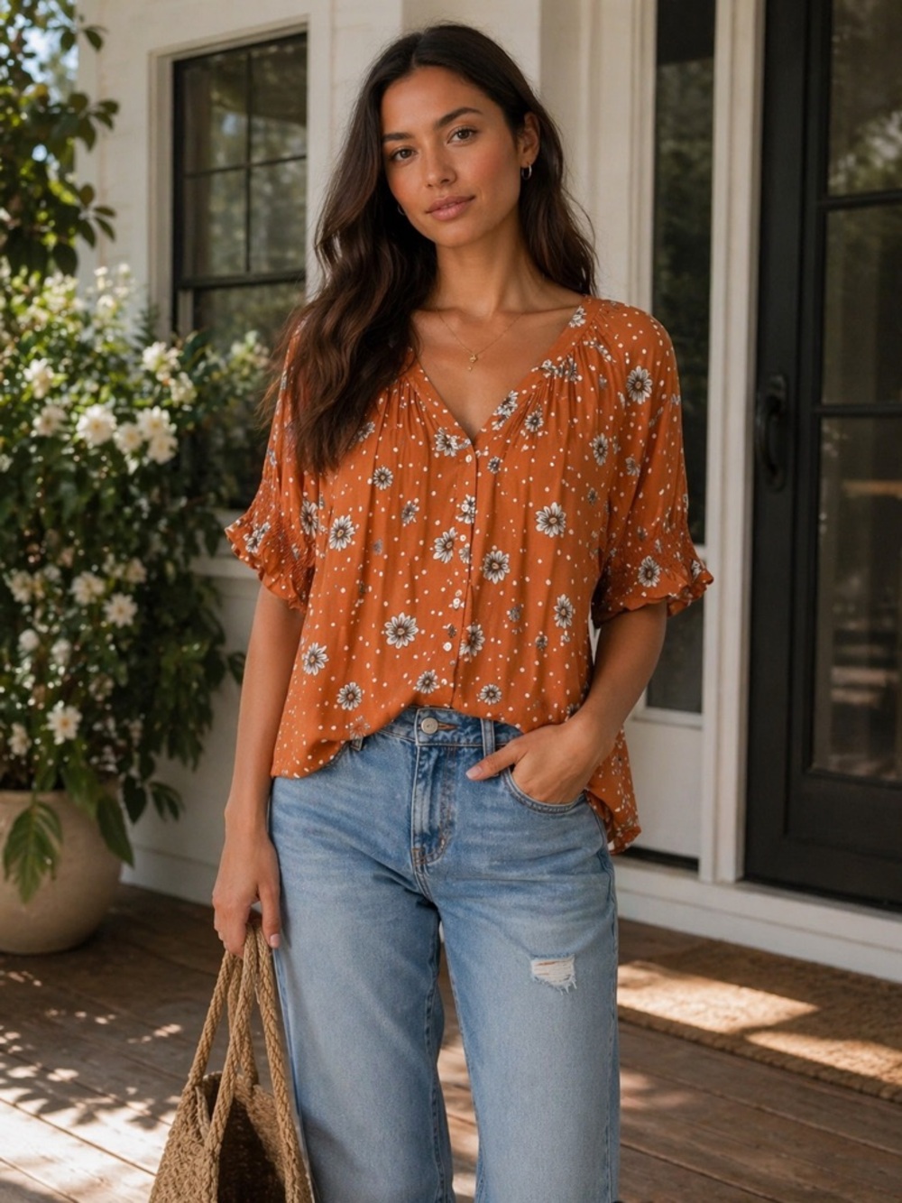Brina & Em Top Orange Comari Flutter Sleeve Button Down NWT